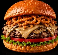 Hamburguesa La Boletus y Queso con cebolla frita y salsa de champiñones