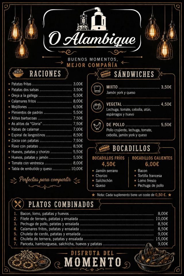 Carta de O Alambique: raciones, sándwiches, bocadillos fríos y calientes y platos combinados con sus precios