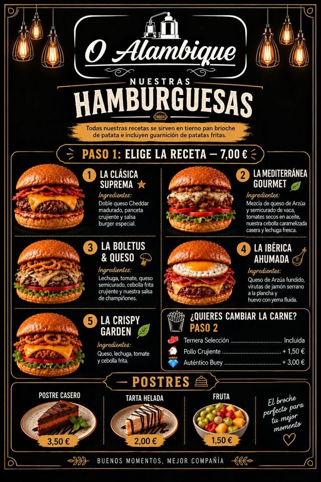 Carta de O Alambique: cinco hamburguesas a 7 euros, suplementos de carne y postres caseros